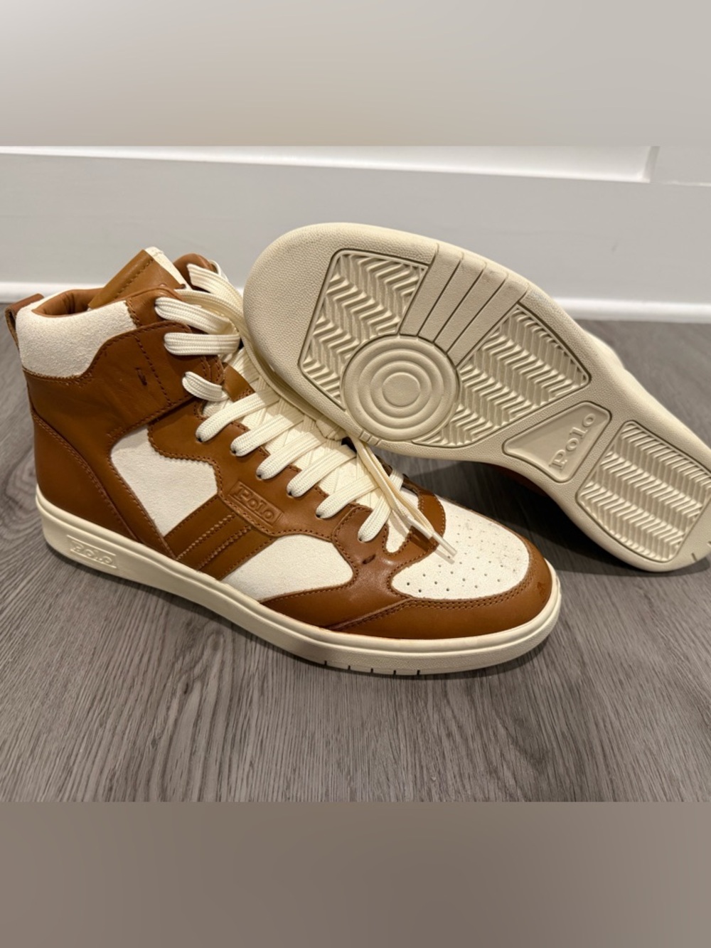 Polo by Ralph Lauren Men’s High-Top Sneakers in Brown and Cream